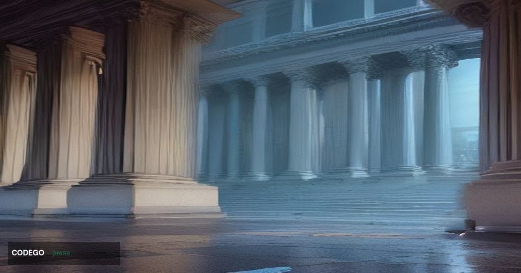 A cinematic editorial photograph shot from a low angle looking up at the grand neoclassical stone columns of a federal courth