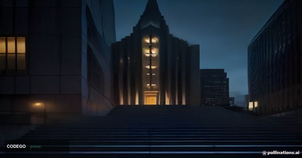 A cinematic editorial photograph shot from a low angle looking up at a monumental federal courthouse facade in lower Manhatta