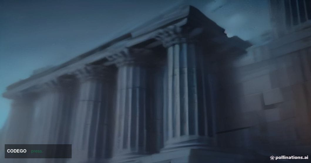 A cinematic photorealistic 8K editorial photograph taken from a low angle looking up at the imposing stone and glass facade o