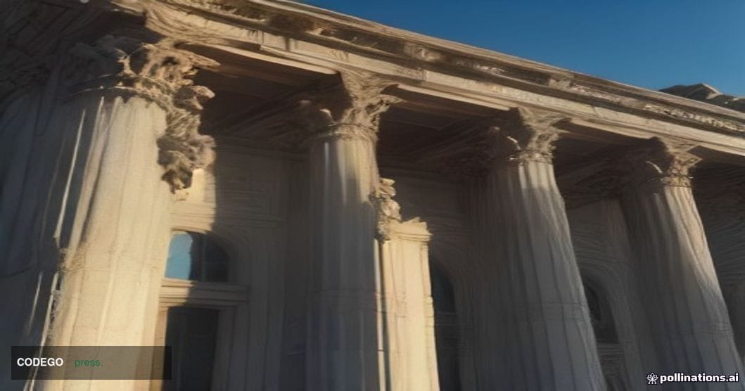 A photorealistic cinematic editorial photograph shot from a low angle looking up at the neoclassical stone columns and grand 