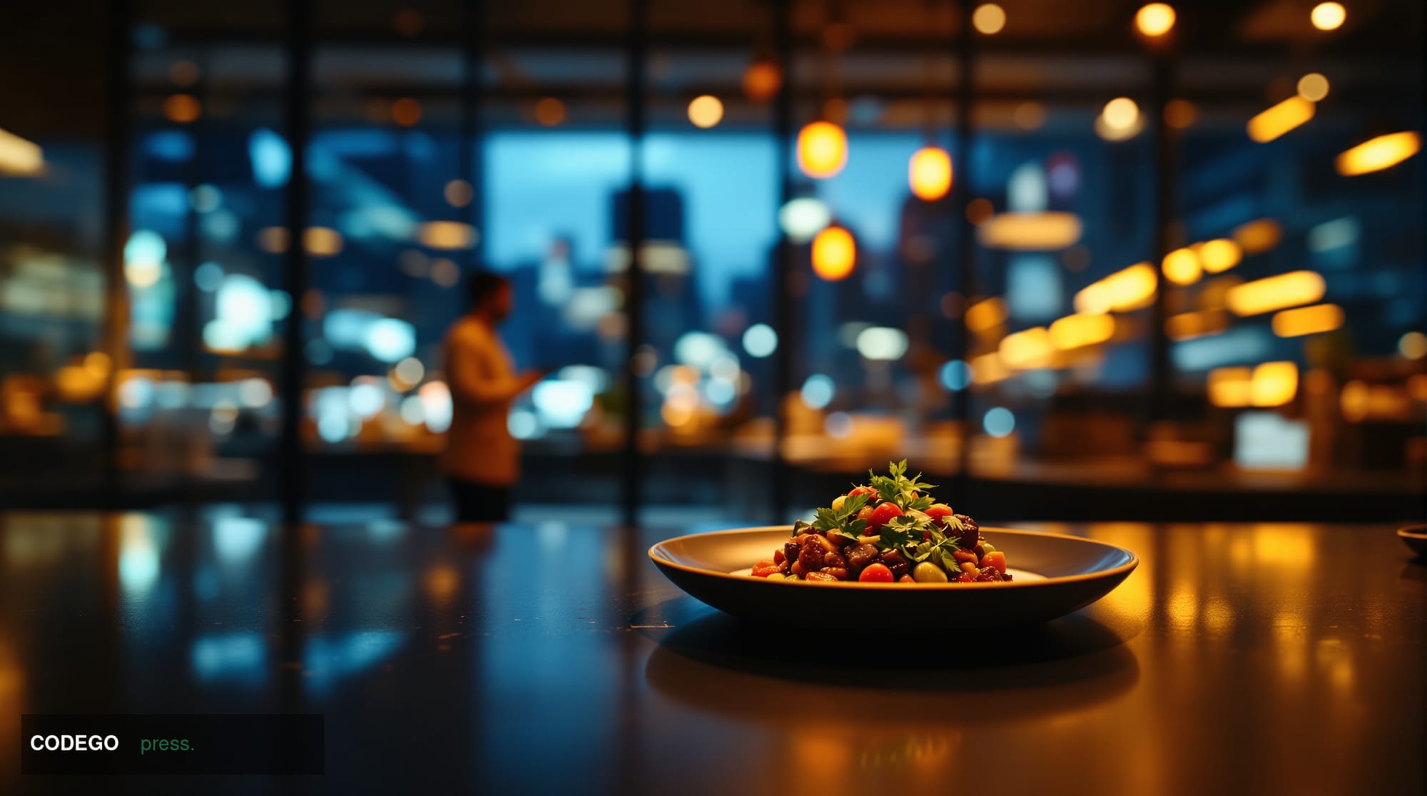 A cinematic editorial photograph of a modern urban restaurant kitchen at dusk, shot from a low angle looking upward through a