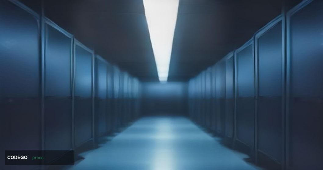 A dramatic cinematic editorial photograph set in a dimly lit modern server room corridor, shot from a low angle looking upwar