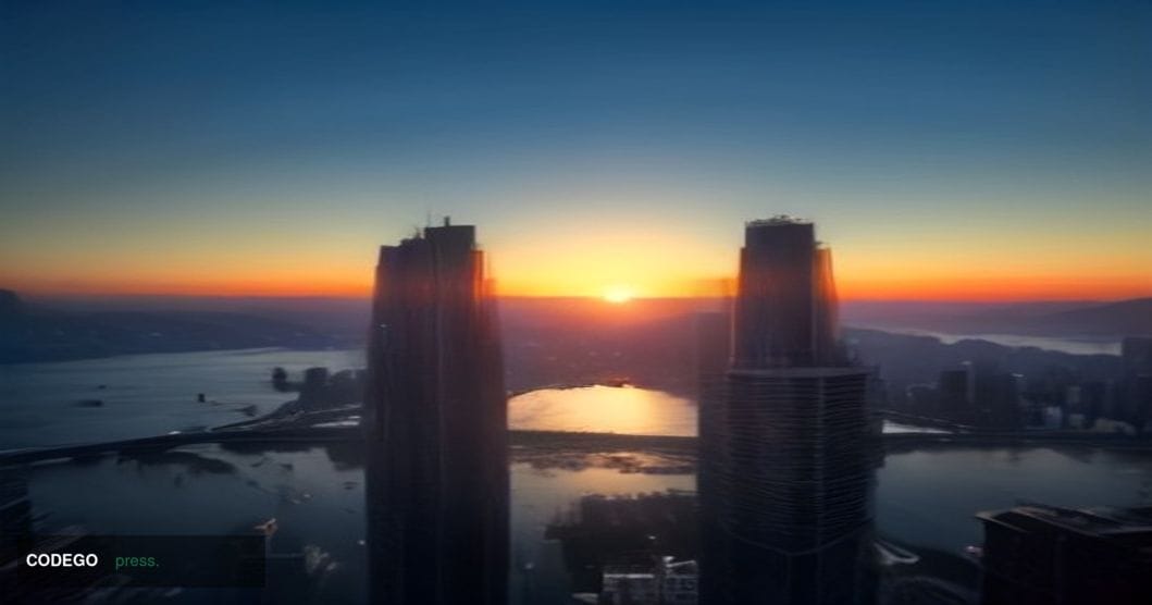 A cinematic editorial photograph taken at dusk, with a split-composition framing: on the left side, the glass and steel facad