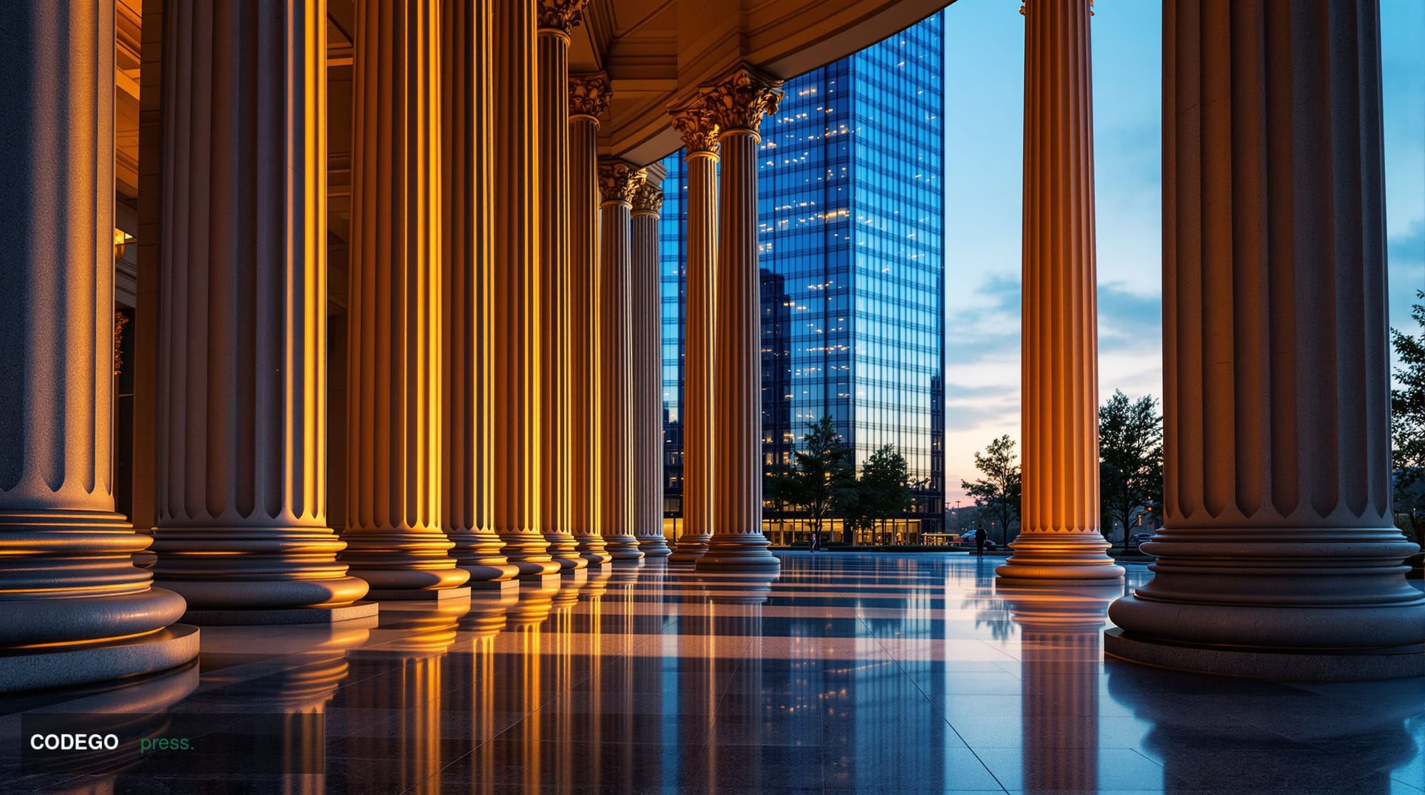 A dramatic wide-angle photorealistic editorial photograph taken at the entrance colonnade of a grand European institutional b