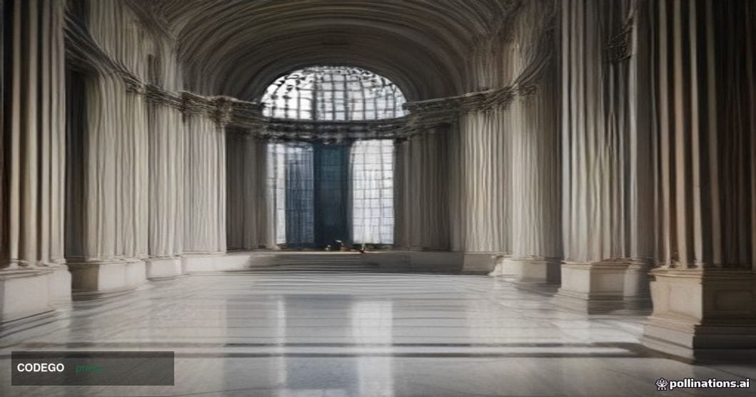 A cinematic editorial photograph set inside a grand European central banking hall in Frankfurt, featuring soaring stone and g