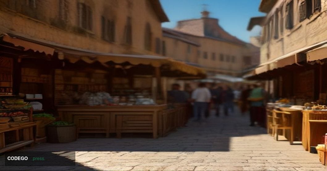 A photorealistic cinematic editorial photograph set inside a busy European open-air market in a recognizable southern Europea