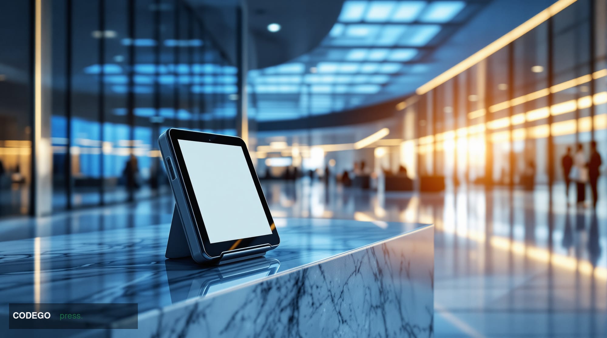 A cinematic editorial photograph set inside a sleek, minimalist European central bank facility — marble floors reflecting coo