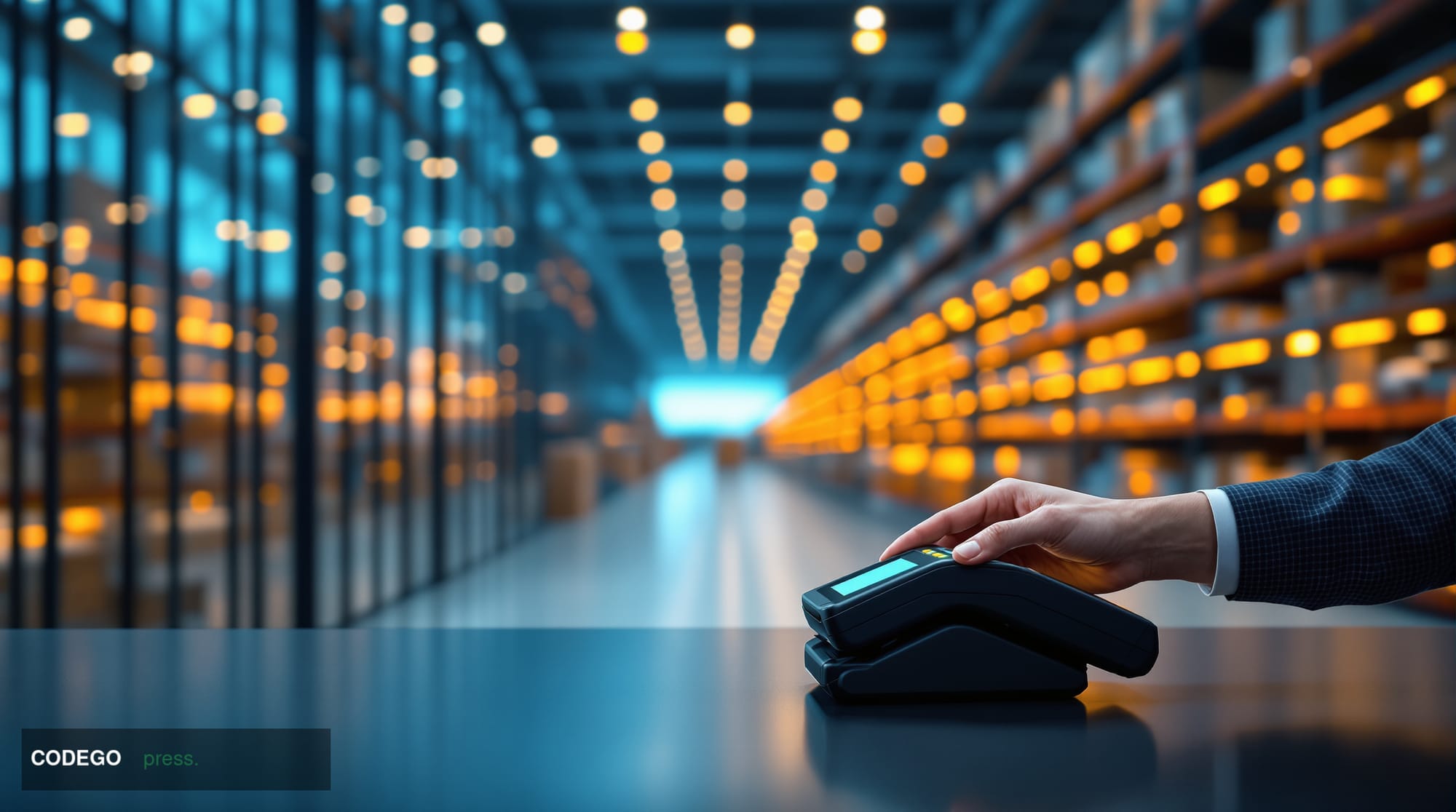 A photorealistic editorial photograph set inside a sleek, modern European e-commerce fulfilment or technology hub — cavernous