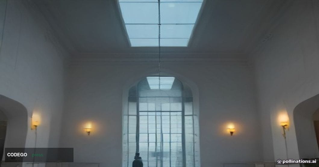 A cinematic editorial photograph set inside a sleek, modern European banking institution's grand marble atrium, shot from a l