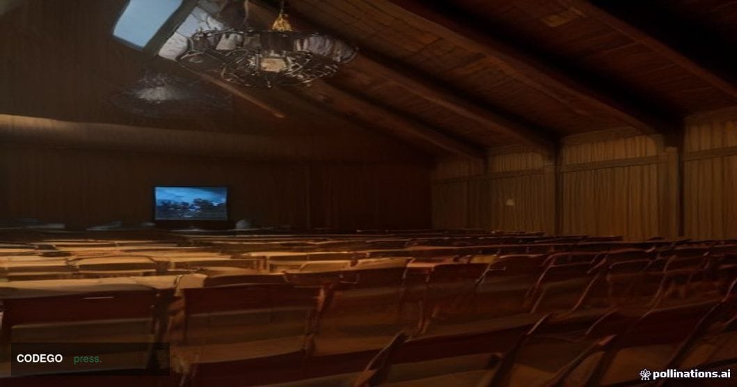 A grand alpine conference hall interior at dusk, shot from a low dramatic angle looking toward an elevated speaker's podium b