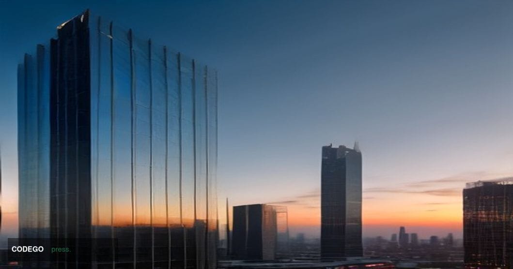 A monumental European Central Bank headquarters in Frankfurt captured at twilight from a low-angle wide shot, its distinctive
