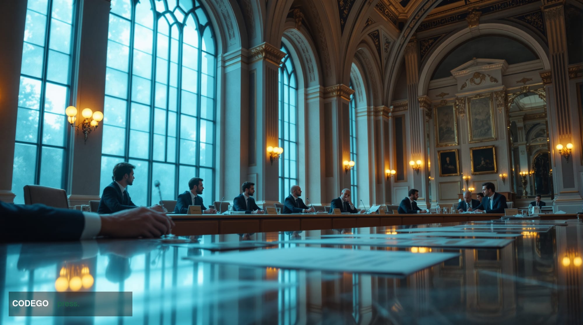 A cinematic editorial photograph set inside a grand European central banking institution — a vast marble-floored meeting cham