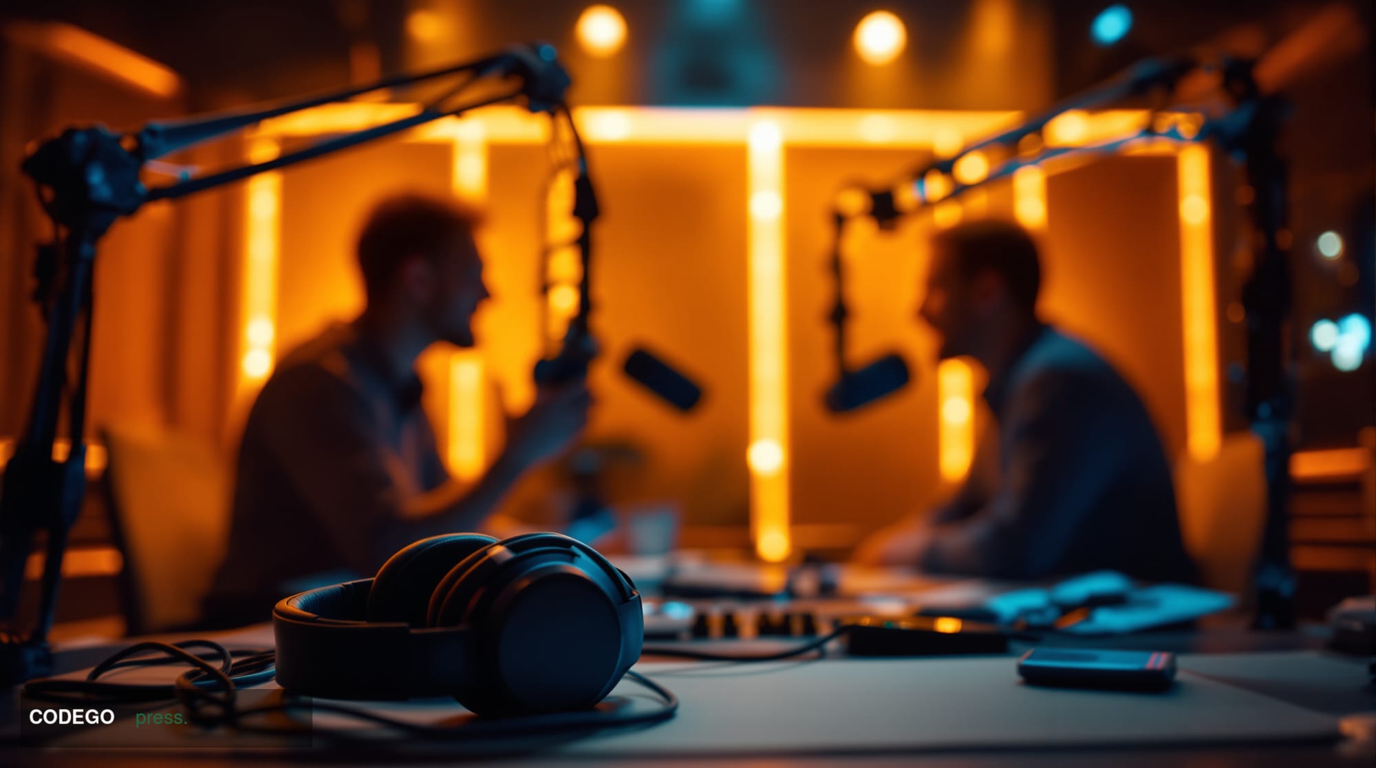 A cinematic editorial photograph of two journalists seated across a professional broadcast podcast desk in a modern media stu