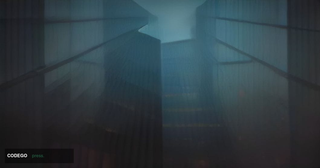 A dramatic cinematic editorial photograph shot from a low angle looking up at the glass-and-steel facade of a mid-sized Ameri
