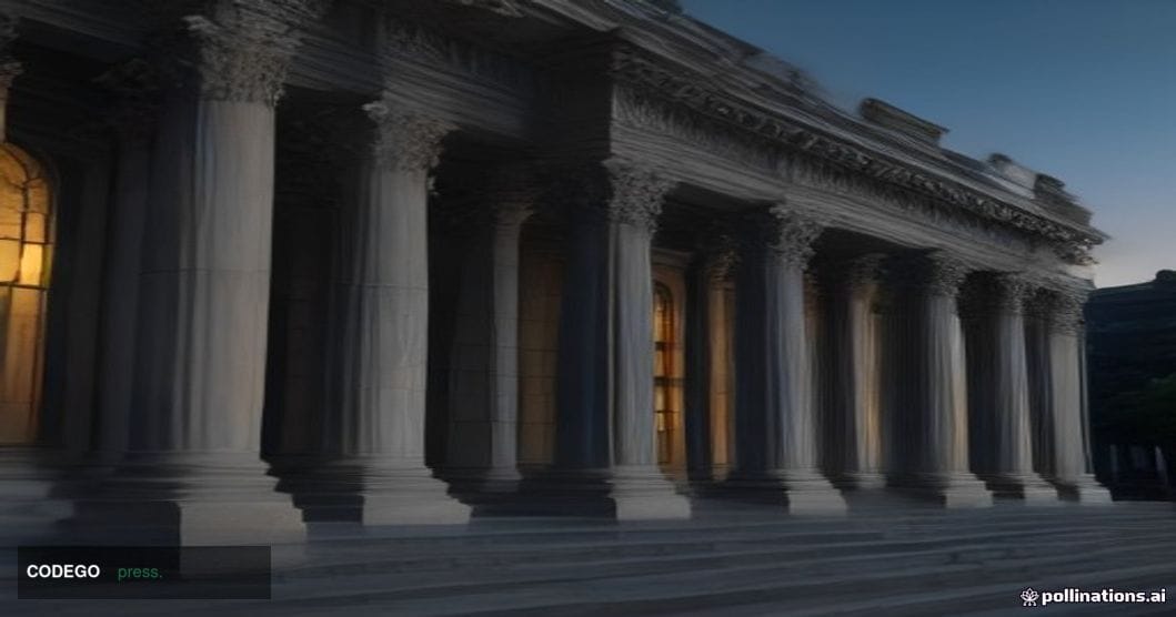 A dramatic wide-angle exterior shot of a federal regulatory building in Washington D.C. — a neoclassical stone facade with ta