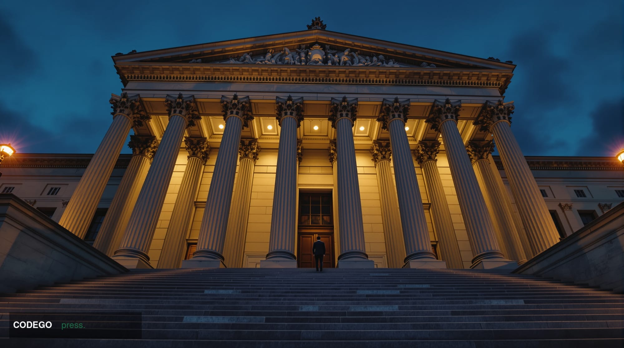 A wide-angle cinematic photograph of a grand neoclassical federal banking regulatory building in Washington D.C., shot at dus