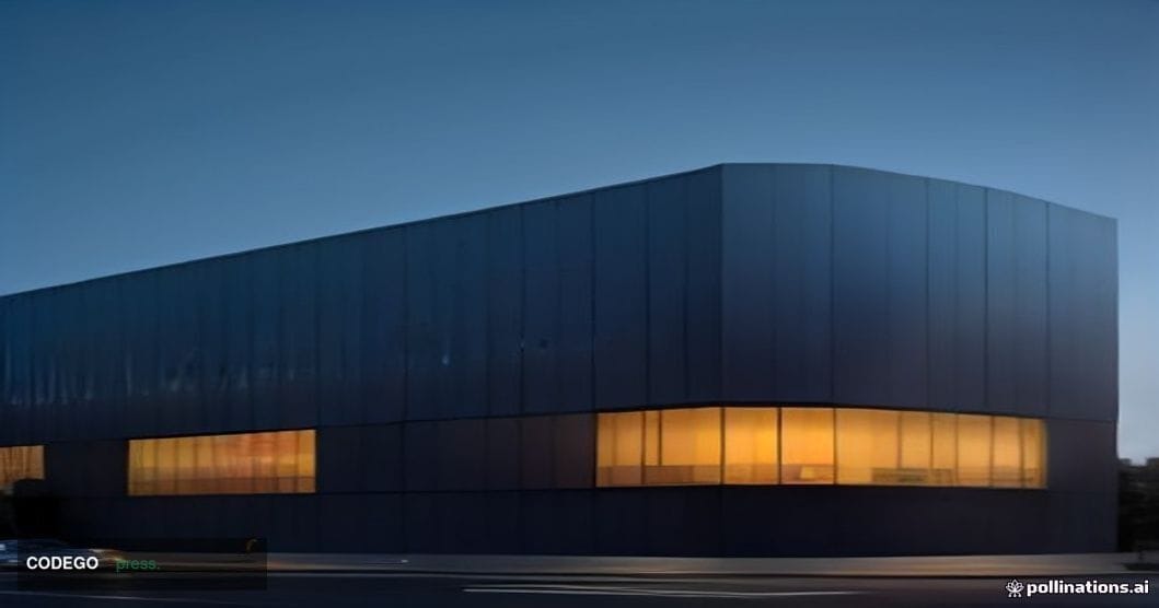 A cinematic editorial photograph of a sleek, modern Silicon Valley bank branch exterior at dusk, shot from a low angle lookin
