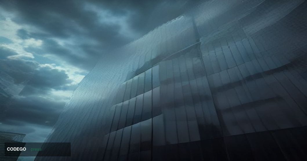 A dramatic wide-angle cinematic editorial photograph shot from street level looking up at the glass and steel facade of a gra