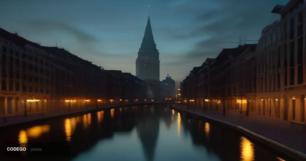 A cinematic editorial photograph of a grand European financial district at dusk, depicting the exterior of a monumental glass