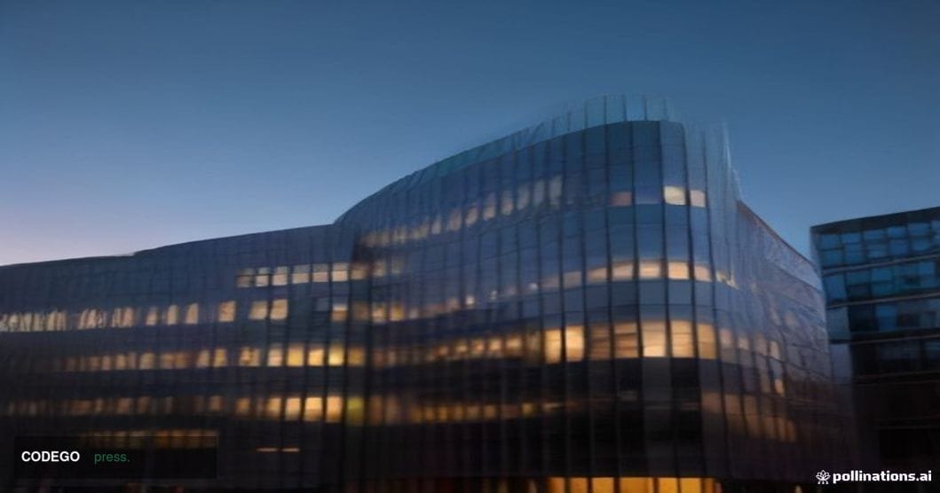 A wide-angle cinematic shot of the European Commission's Berlaymont headquarters in Brussels at dusk, its iconic curved glass
