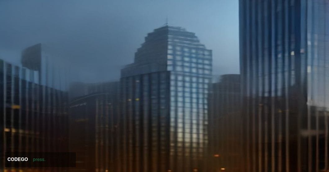 A sweeping cinematic exterior shot of a modern mid-rise American regional bank headquarters building at golden hour, the glas