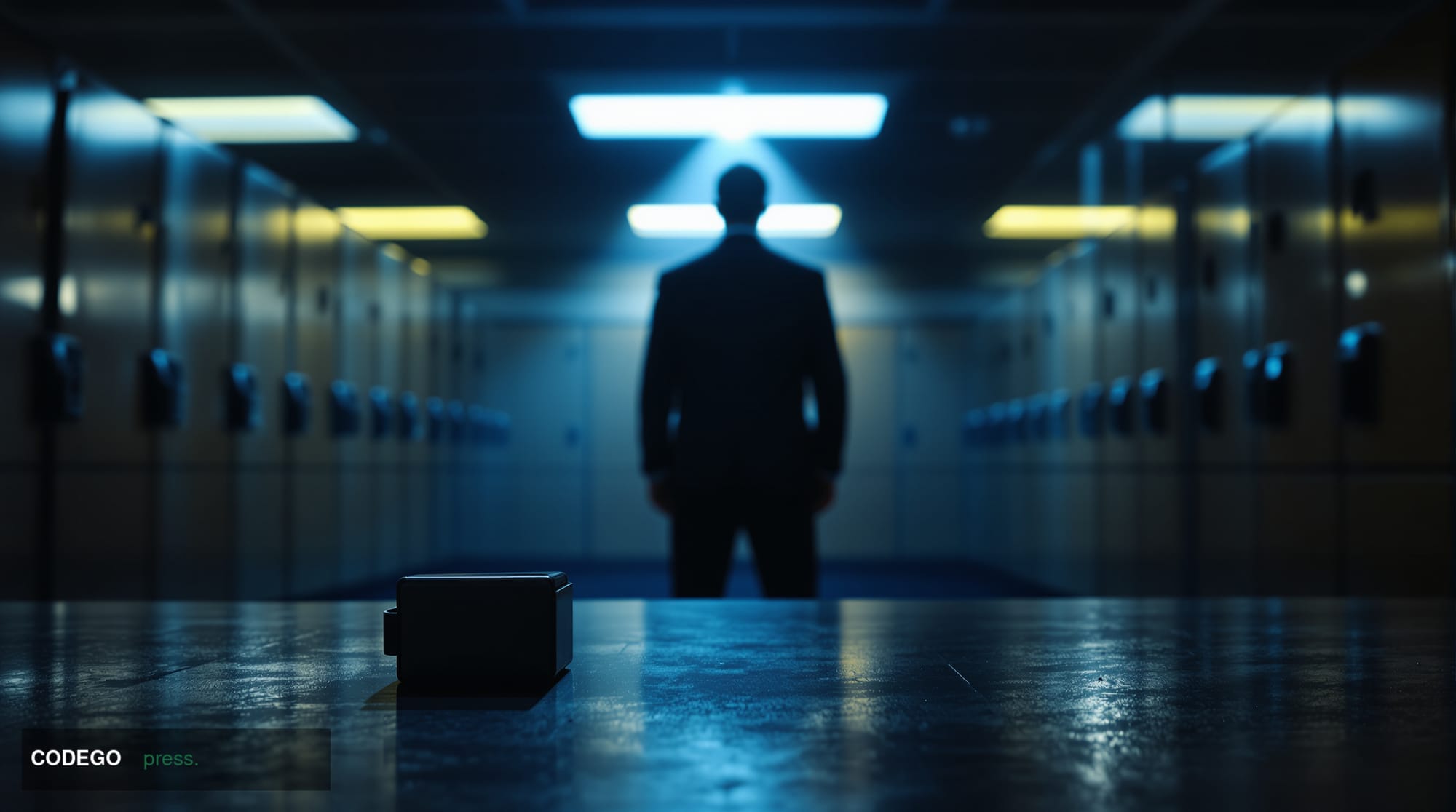 A cinematic editorial photograph set inside a dimly lit evidence room of a British law enforcement facility, suggesting the i