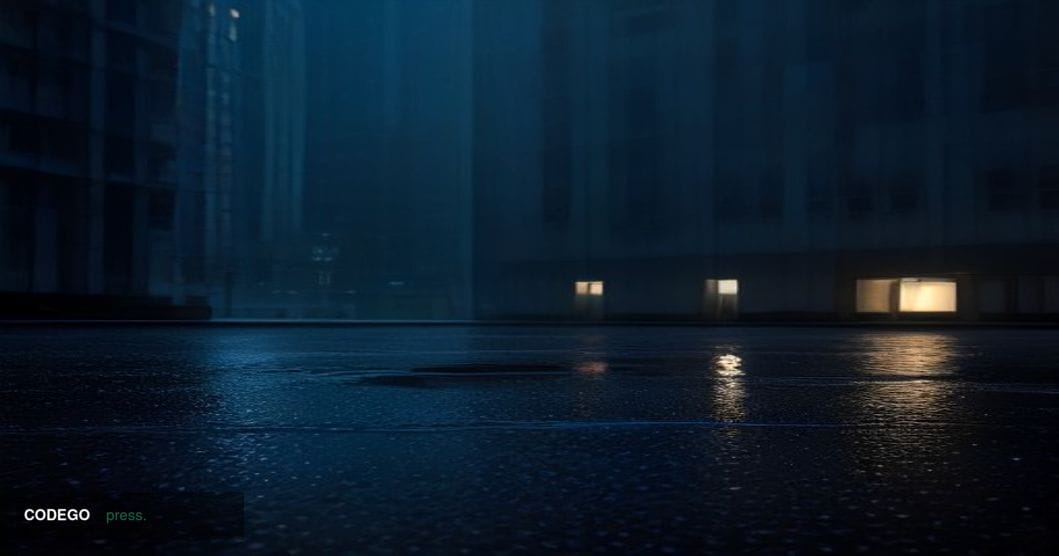 A cinematic photorealistic editorial photograph shot from a low angle looking up through a rain-slicked Washington D.C. stree