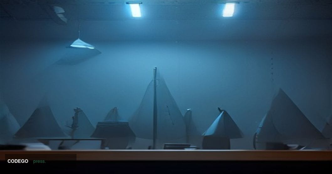 A dramatic cinematic editorial photograph set inside a federal law enforcement operations center, viewed from a low-angle per