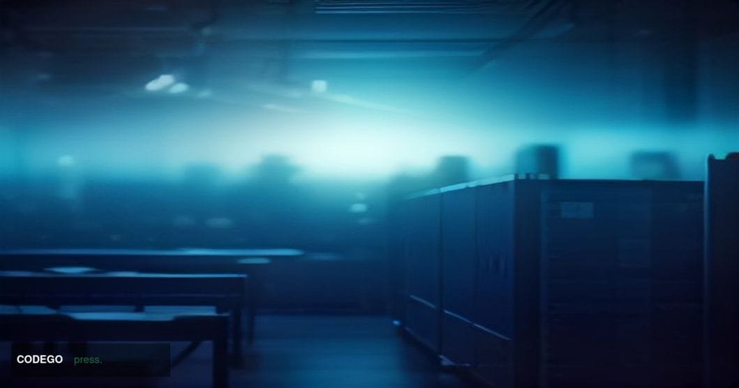 A dramatic cinematic editorial photograph taken from a low angle inside a darkened federal operations center, with blue-tinte