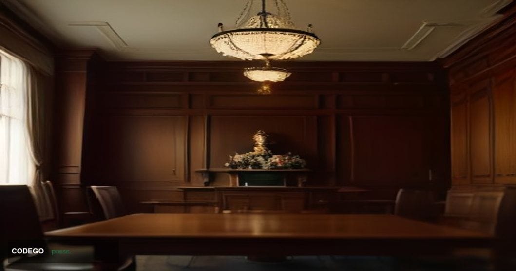 A cinematic editorial photograph set inside a formal British financial regulatory hearing room, shot from a low angle looking