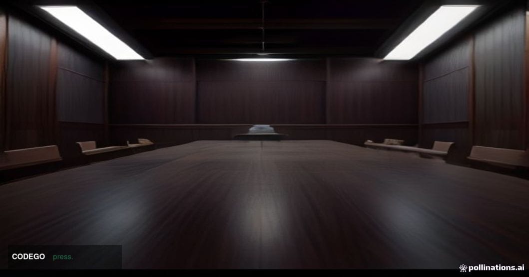A dramatic editorial photograph set inside a austere British financial regulatory hearing room, shot from a low angle looking