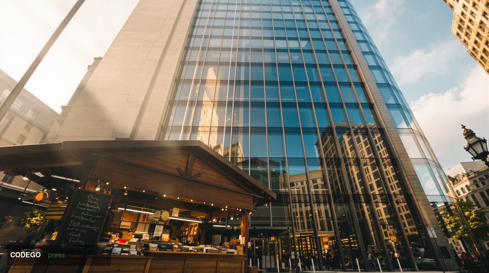 A cinematic editorial photograph shot from a low angle looking up at a grand stone-and-glass financial district building in t