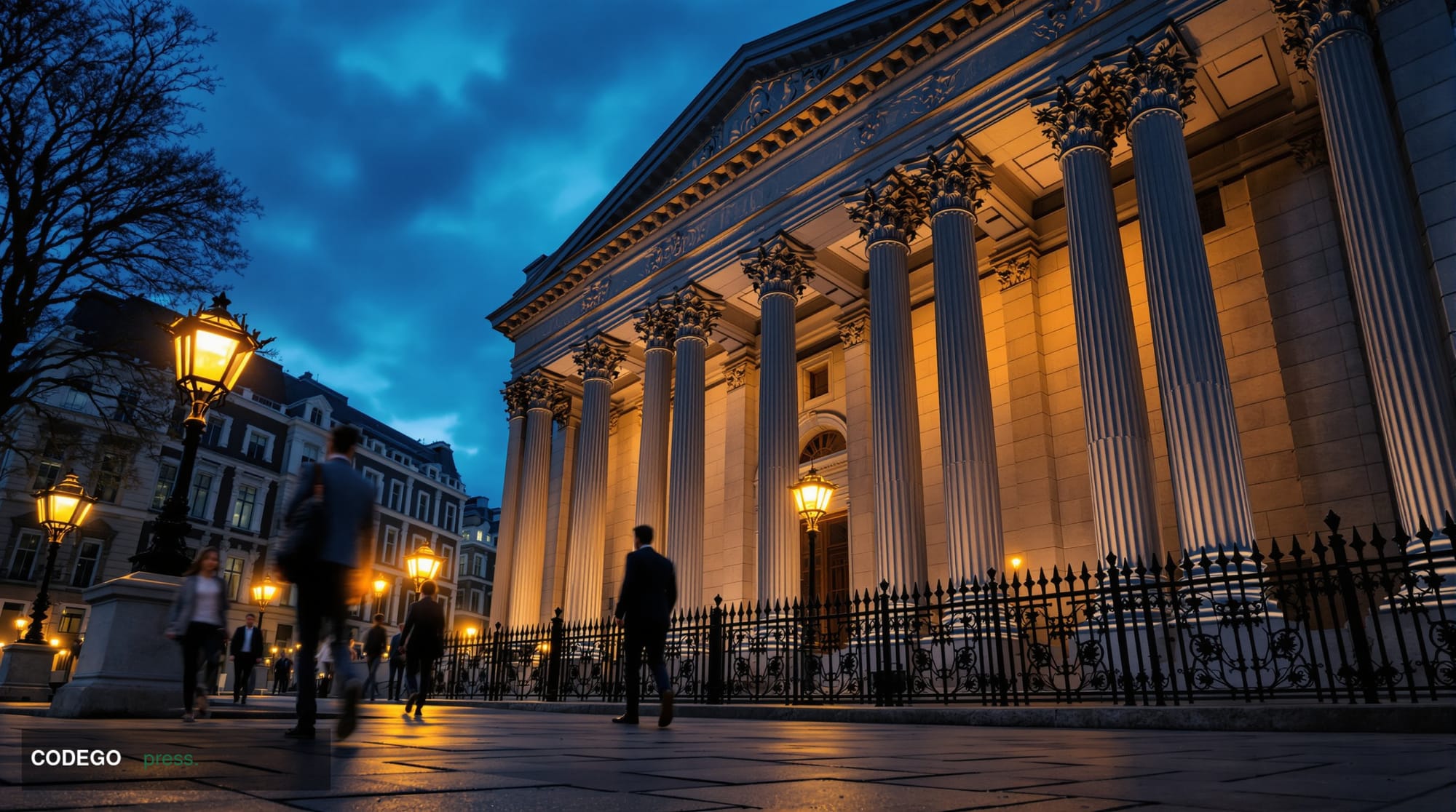 A dramatic cinematic editorial photograph of the exterior of a grand neoclassical stone government building in the City of Lo
