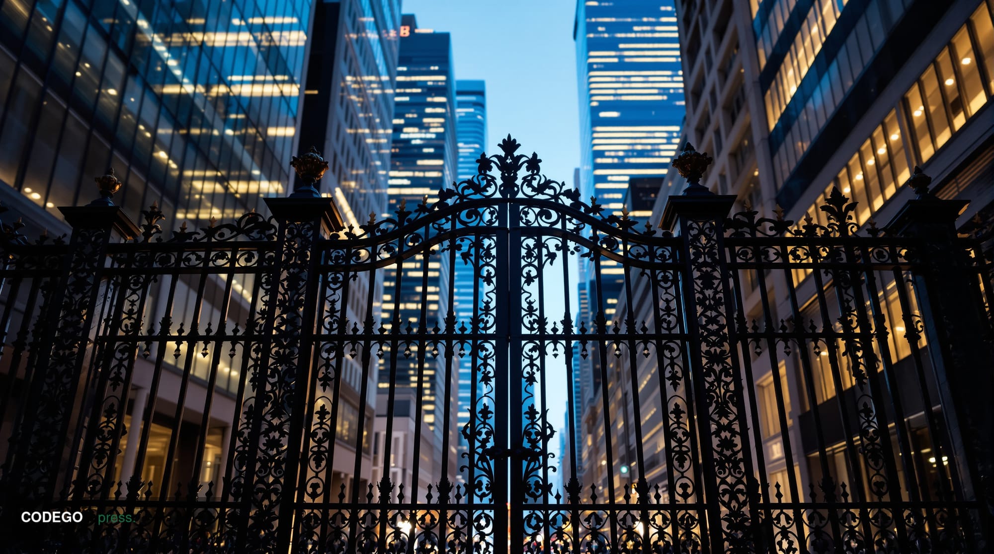 A photorealistic editorial photograph set in the City of London financial district, shot at dusk from street level looking up