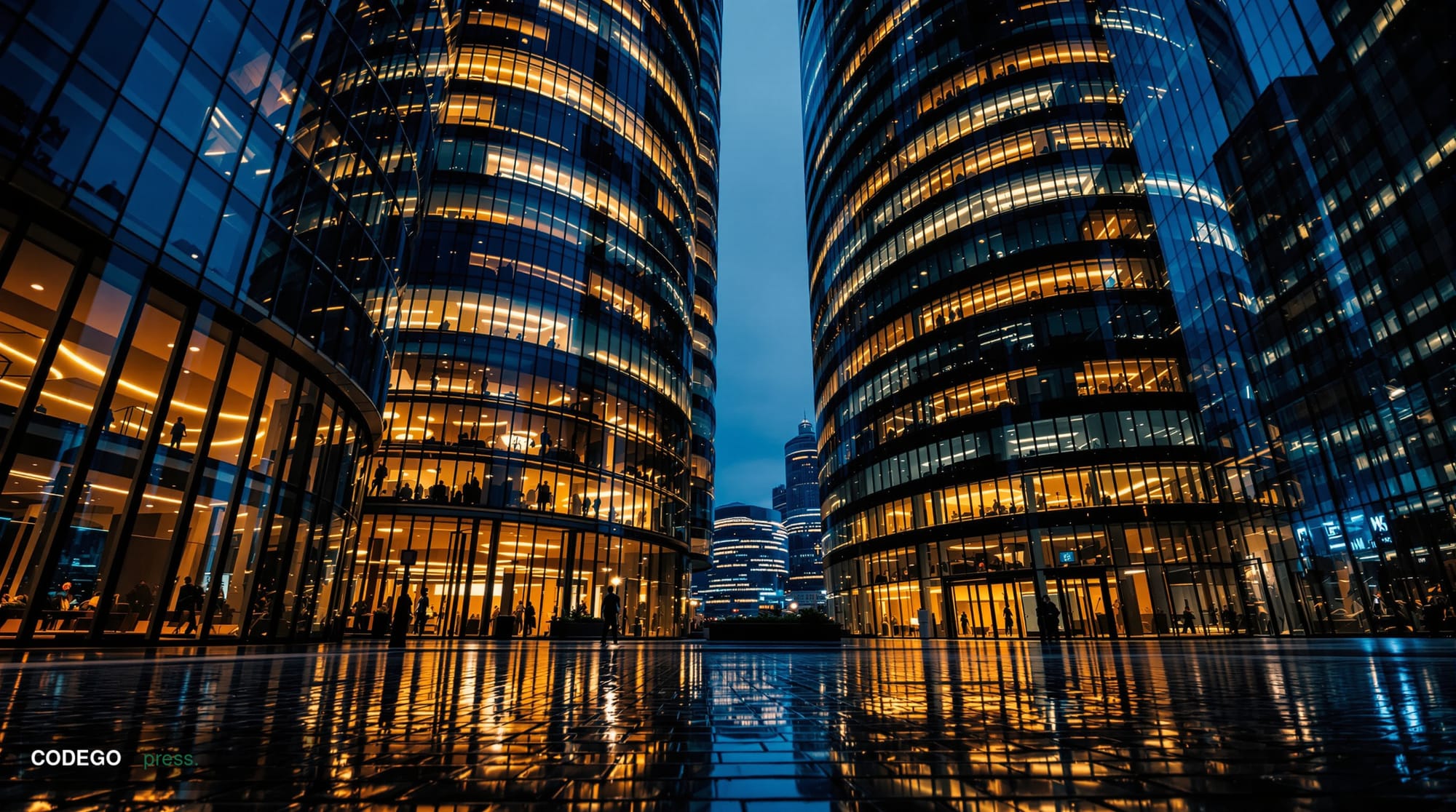 A cinematic editorial photograph of the exterior of Canary Wharf's glass financial district towers in London at dusk, viewed 