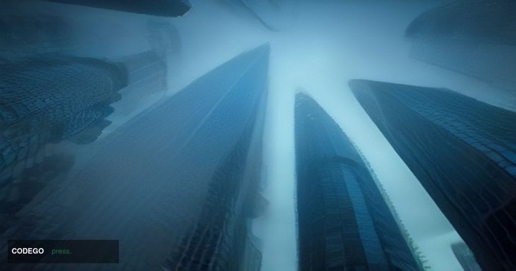 A cinematic editorial photograph of the City of London financial district at dawn, shot from a low angle looking upward along