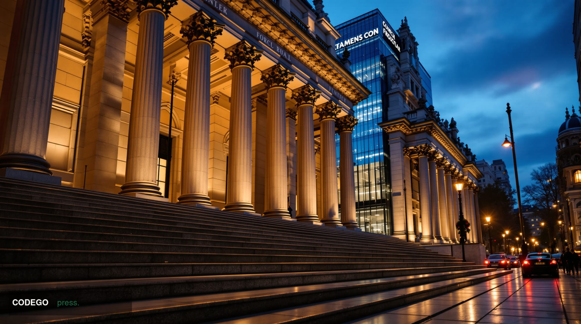 A grand neoclassical financial regulatory building exterior in the City of London financial district, photographed at dusk fr