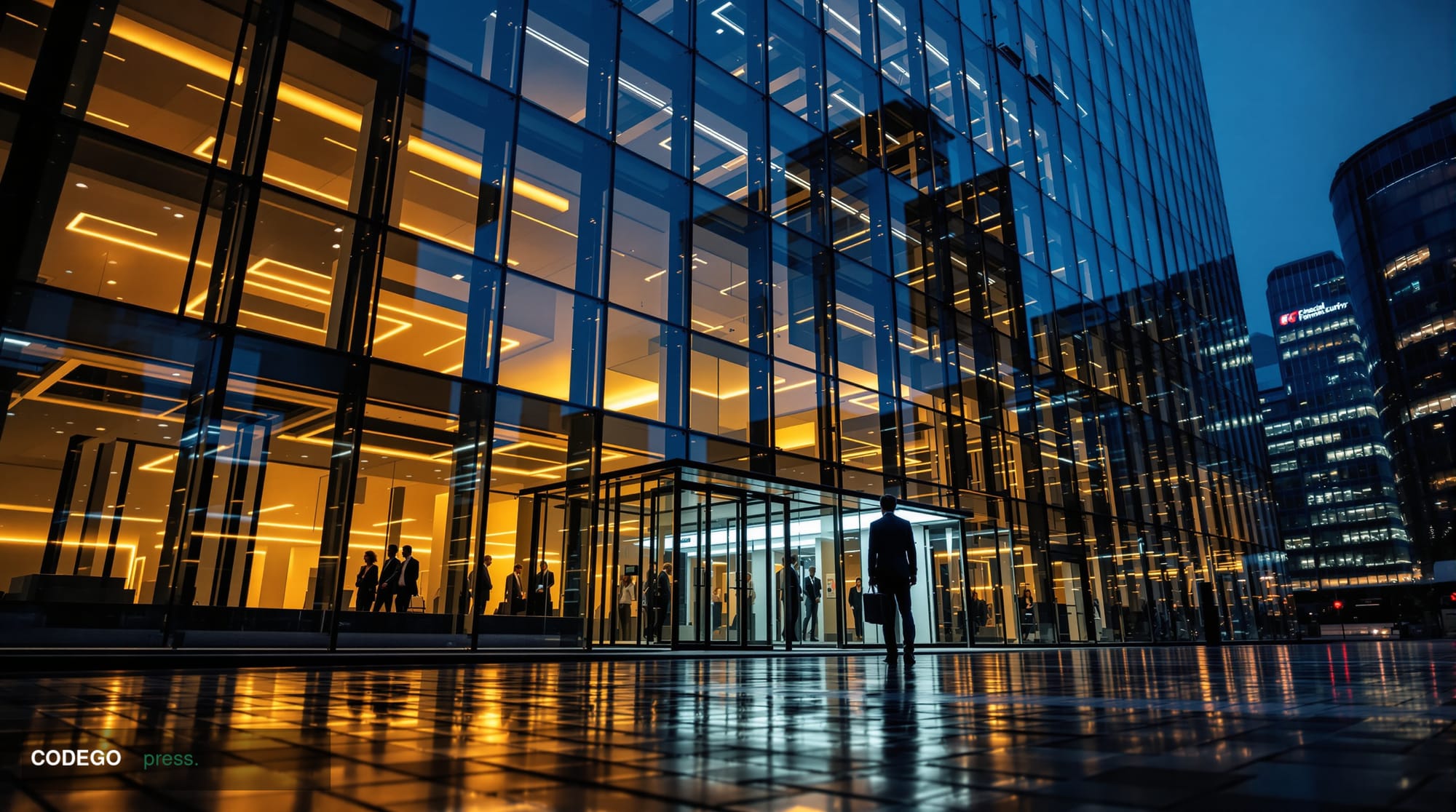 A cinematic editorial photograph of the exterior of the Financial Conduct Authority's Canary Wharf headquarters in London, sh