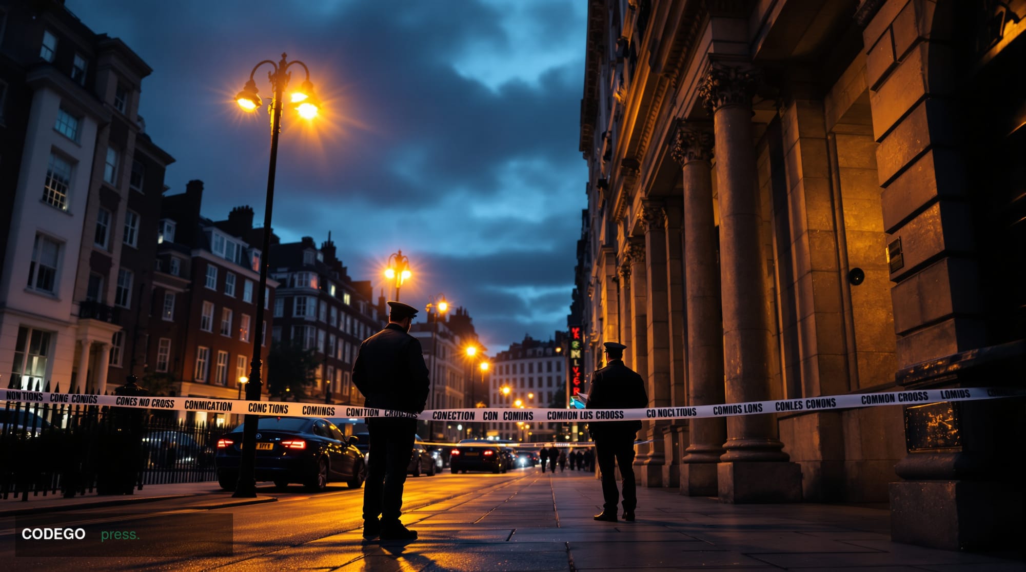 A dramatic cinematic editorial photograph of a London financial district street at dusk, featuring the imposing Georgian ston