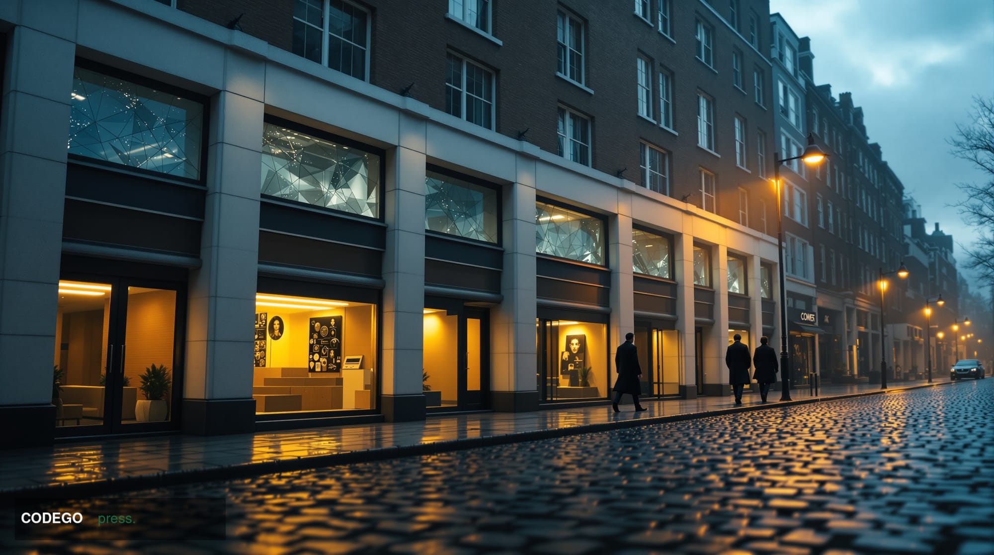 A cinematic editorial photograph of a row of anonymous London shopfront premises on a grey overcast morning, shot from a low 