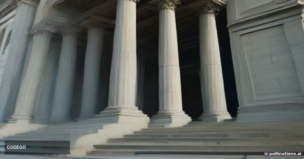 A cinematic editorial photograph of a grand neoclassical federal banking institution exterior at dawn, shot from a low angle 