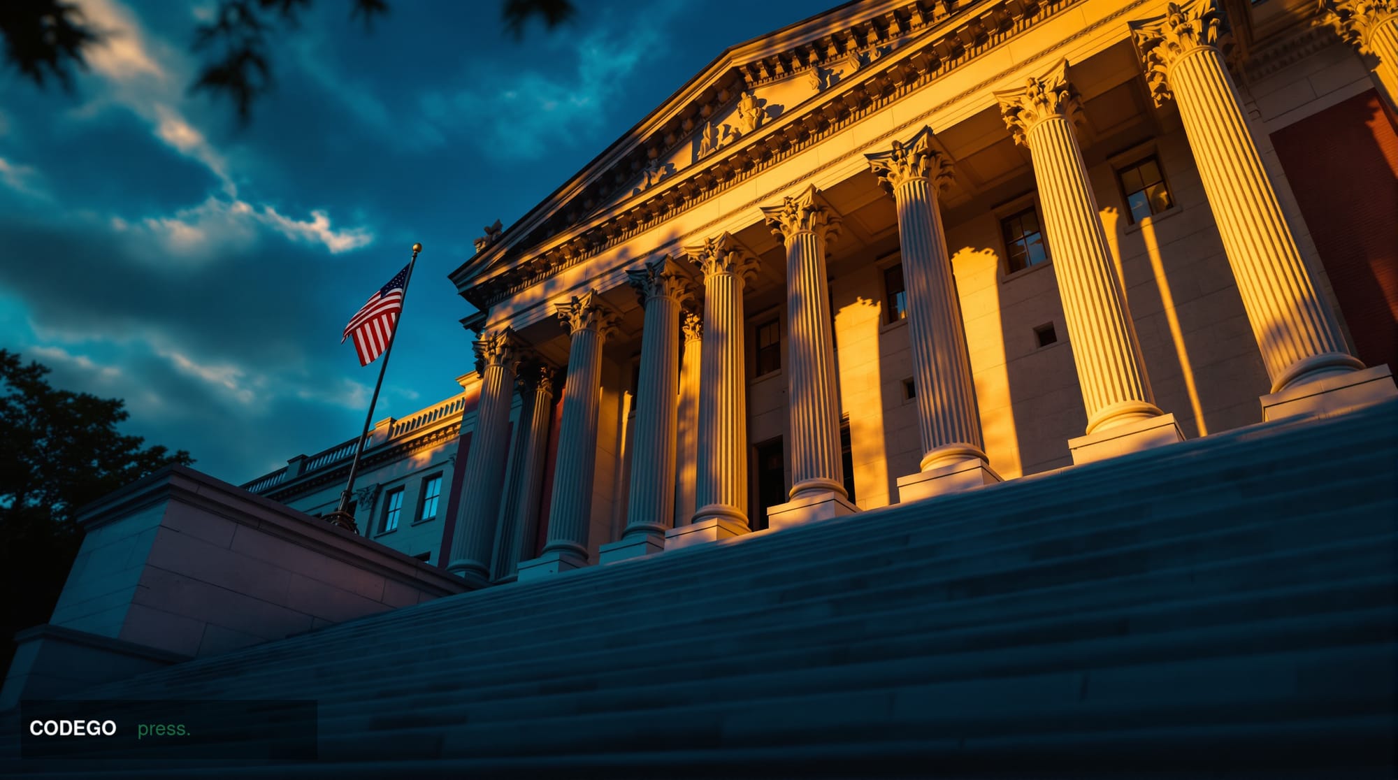 A wide-angle cinematic editorial photograph taken from a low angle looking up at a grand neoclassical government building fac