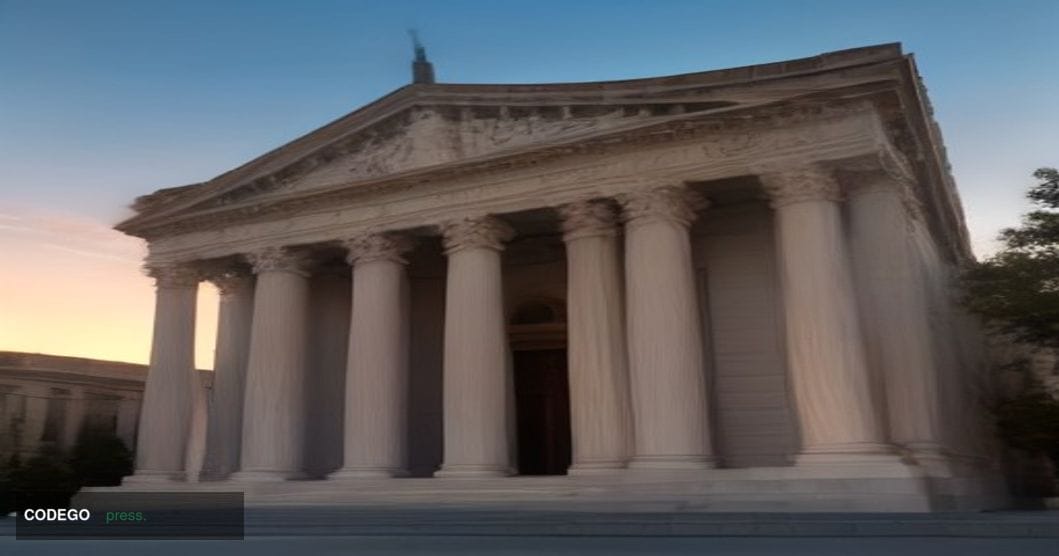 A grand neoclassical bank building exterior photographed at dusk from a low-angle perspective, its towering stone columns and