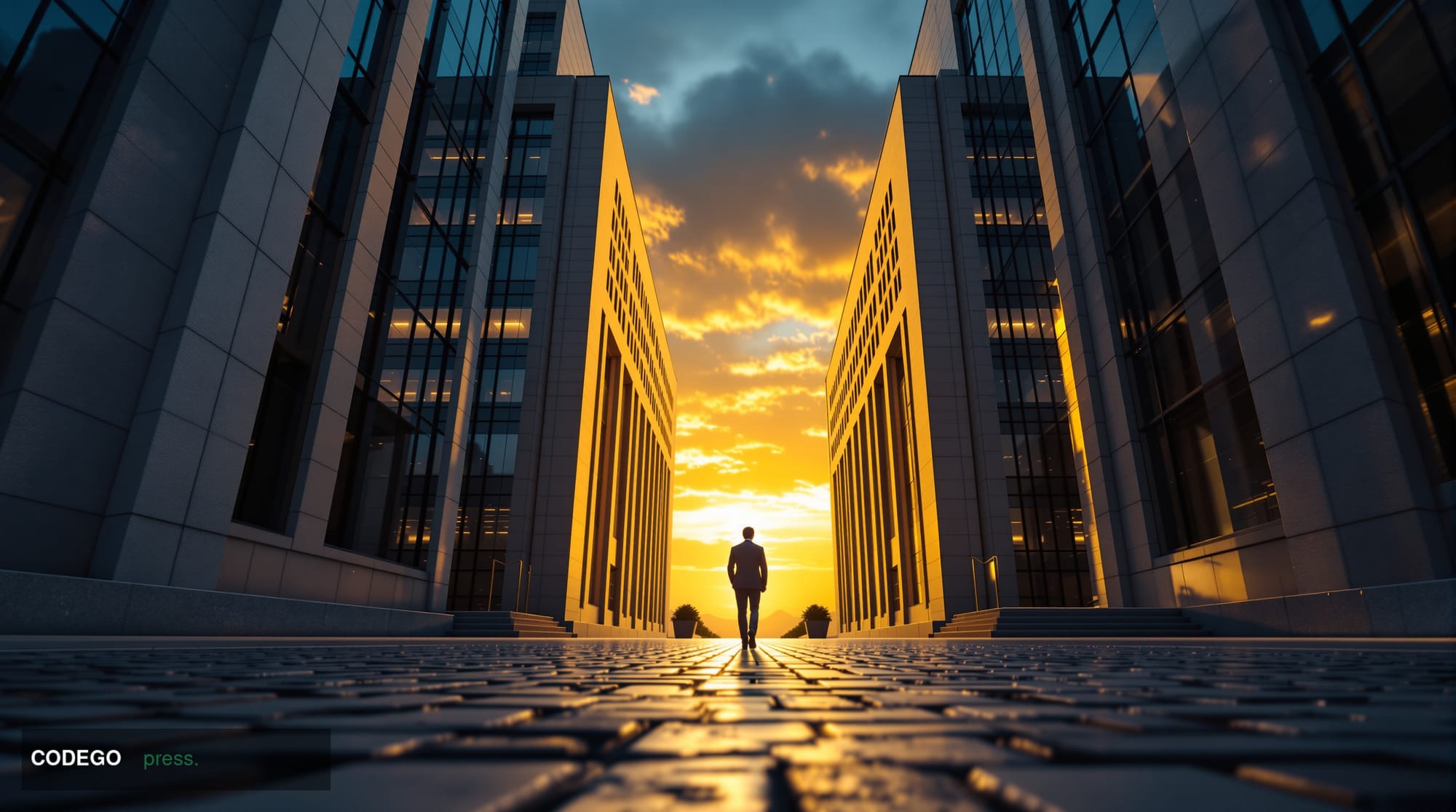 A photorealistic editorial photograph shot from a low angle looking up at two imposing modernist central bank headquarters bu