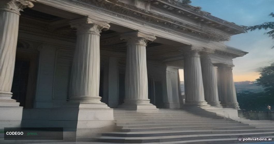 A photorealistic cinematic editorial photograph of the Federal Reserve's Washington D.C. Eccles Building exterior at dawn, it