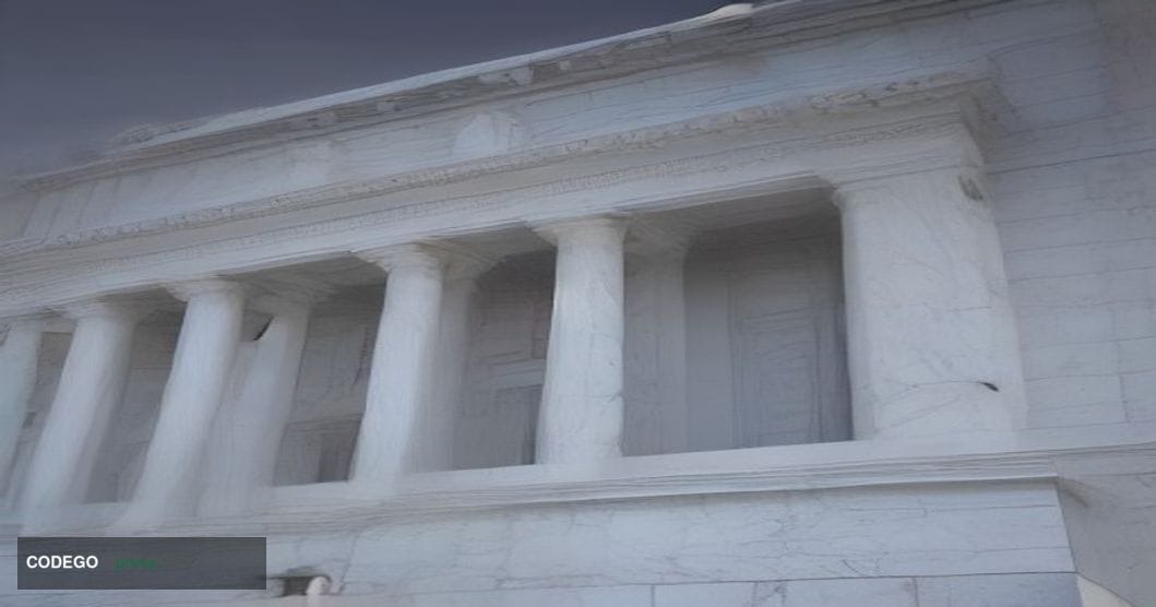 A photorealistic cinematic editorial photograph of the Federal Reserve's neoclassical marble headquarters building in Washing