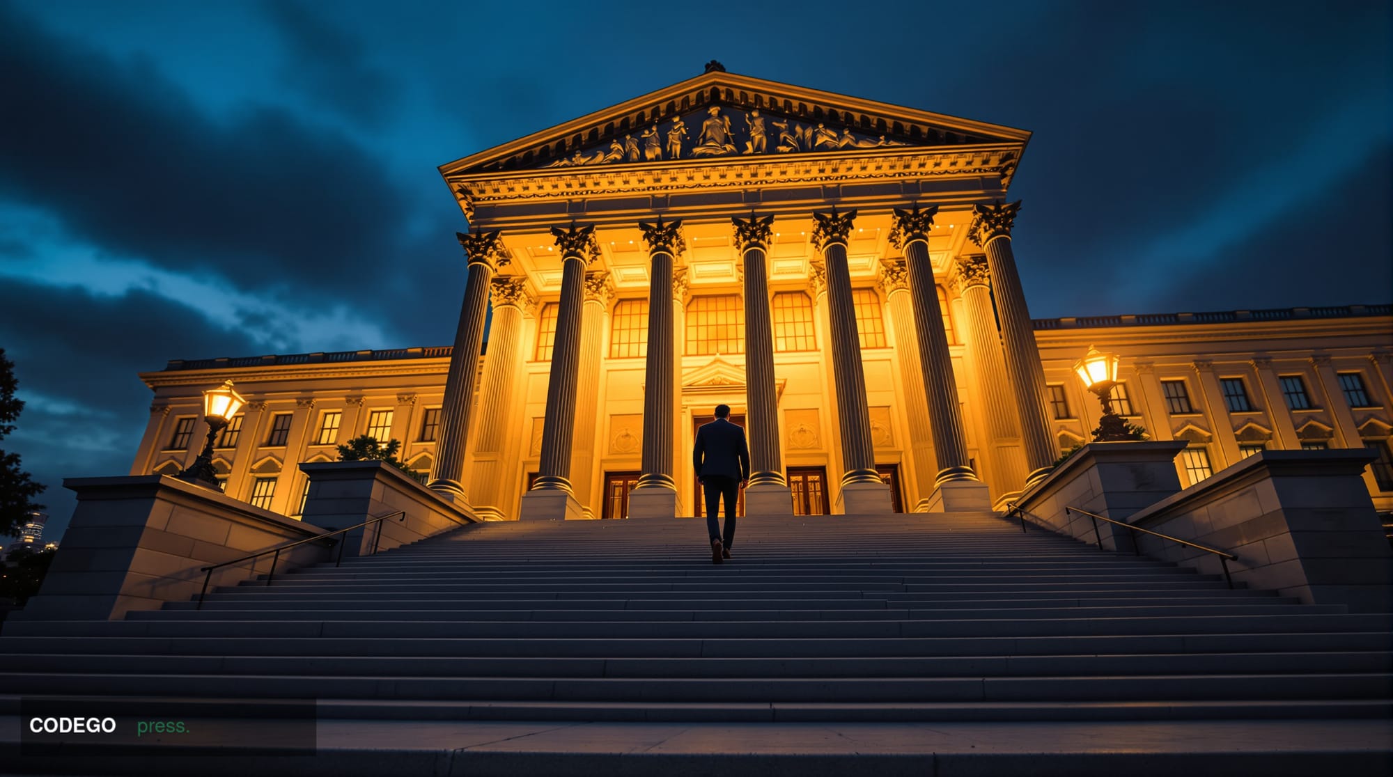 A wide-angle cinematic shot of the Marriner S. Eccles Federal Reserve Board Building in Washington D.C. at dusk, its neoclass