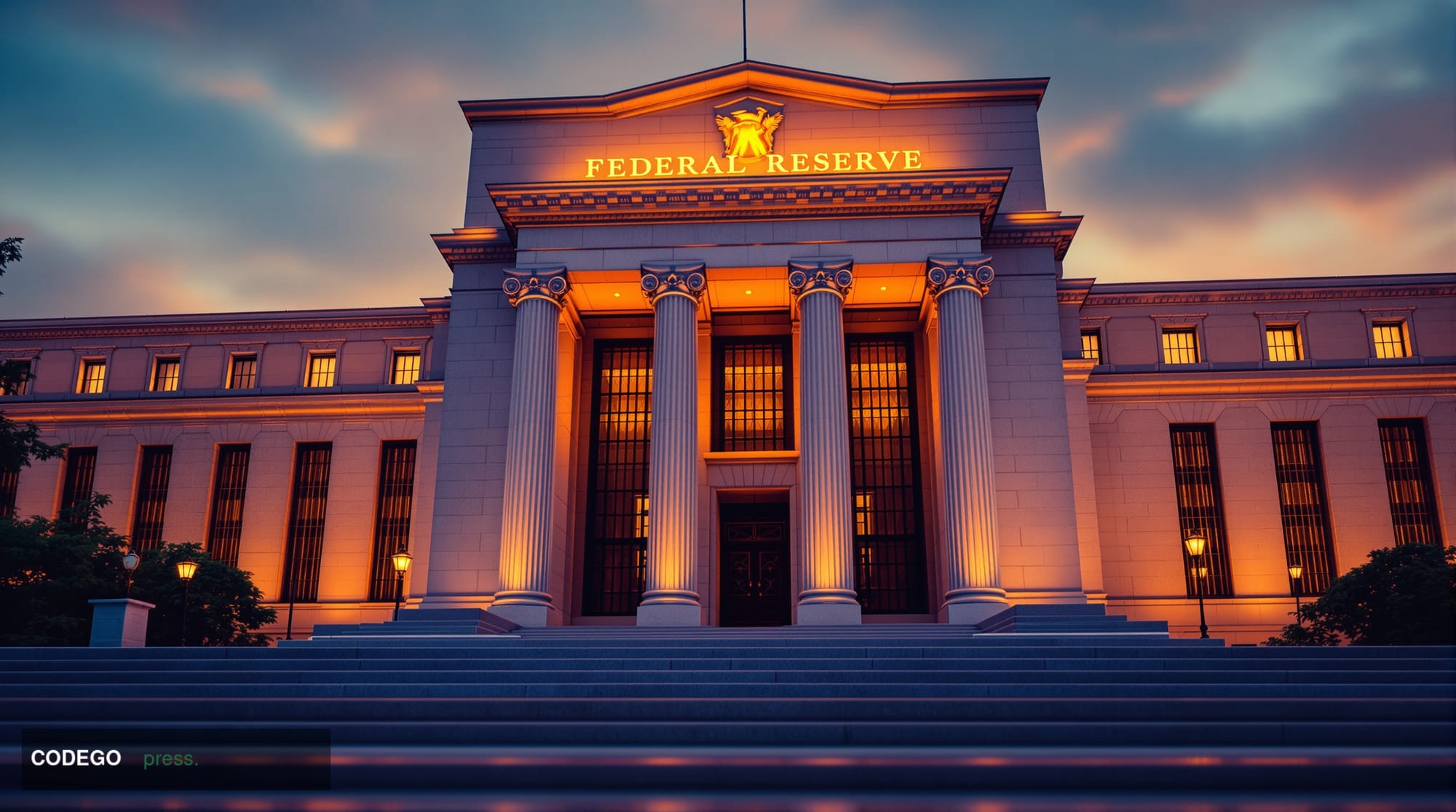 A grand neoclassical Federal Reserve building exterior photographed at dusk from a low angle, the stone facade bathed in warm