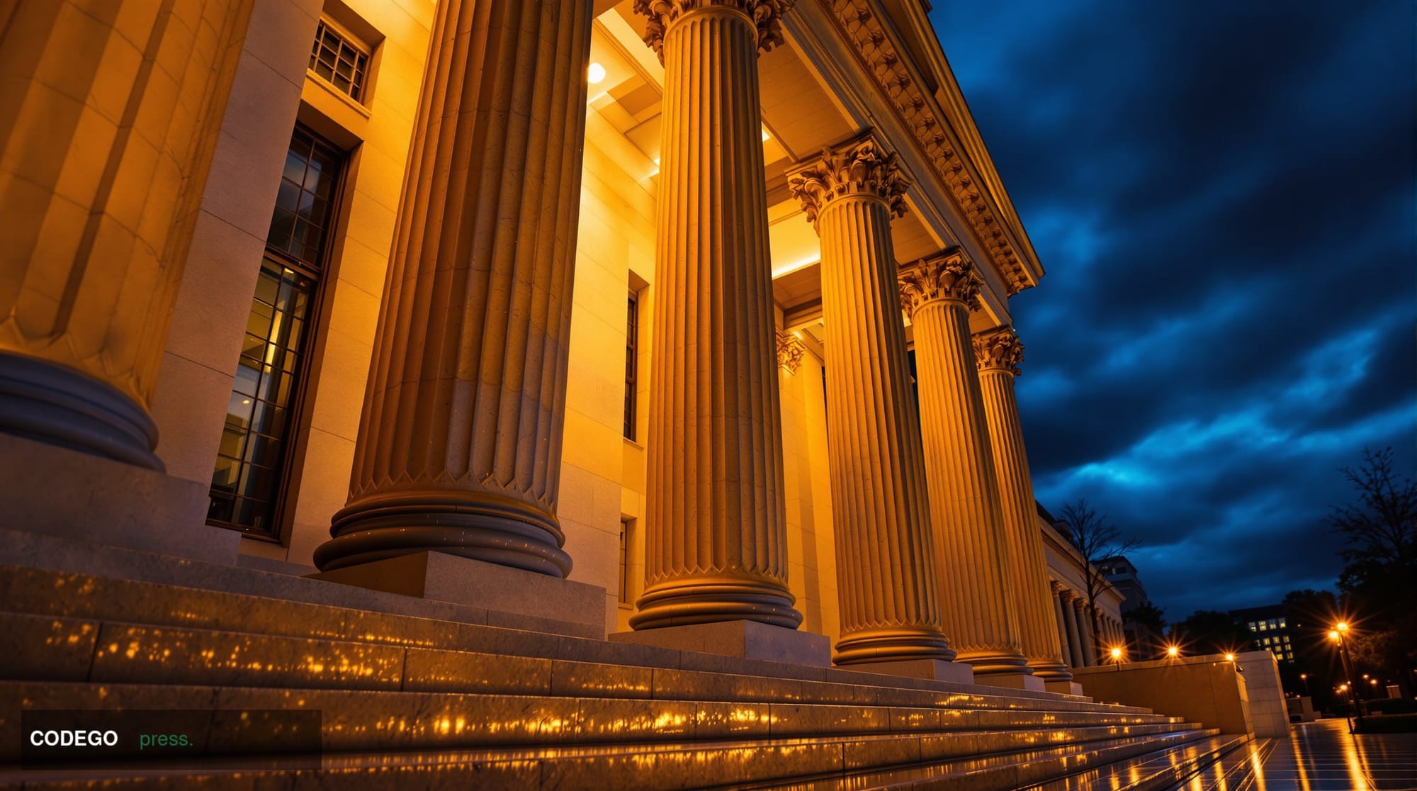 A dramatic cinematic editorial photograph taken from a low angle looking up at the imposing neoclassical stone facade of the 