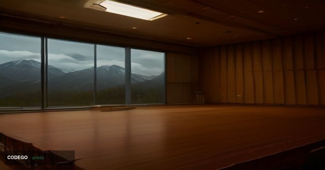 A cinematic editorial photograph taken inside a grand civic luncheon hall in Anchorage, Alaska, with floor-to-ceiling panoram